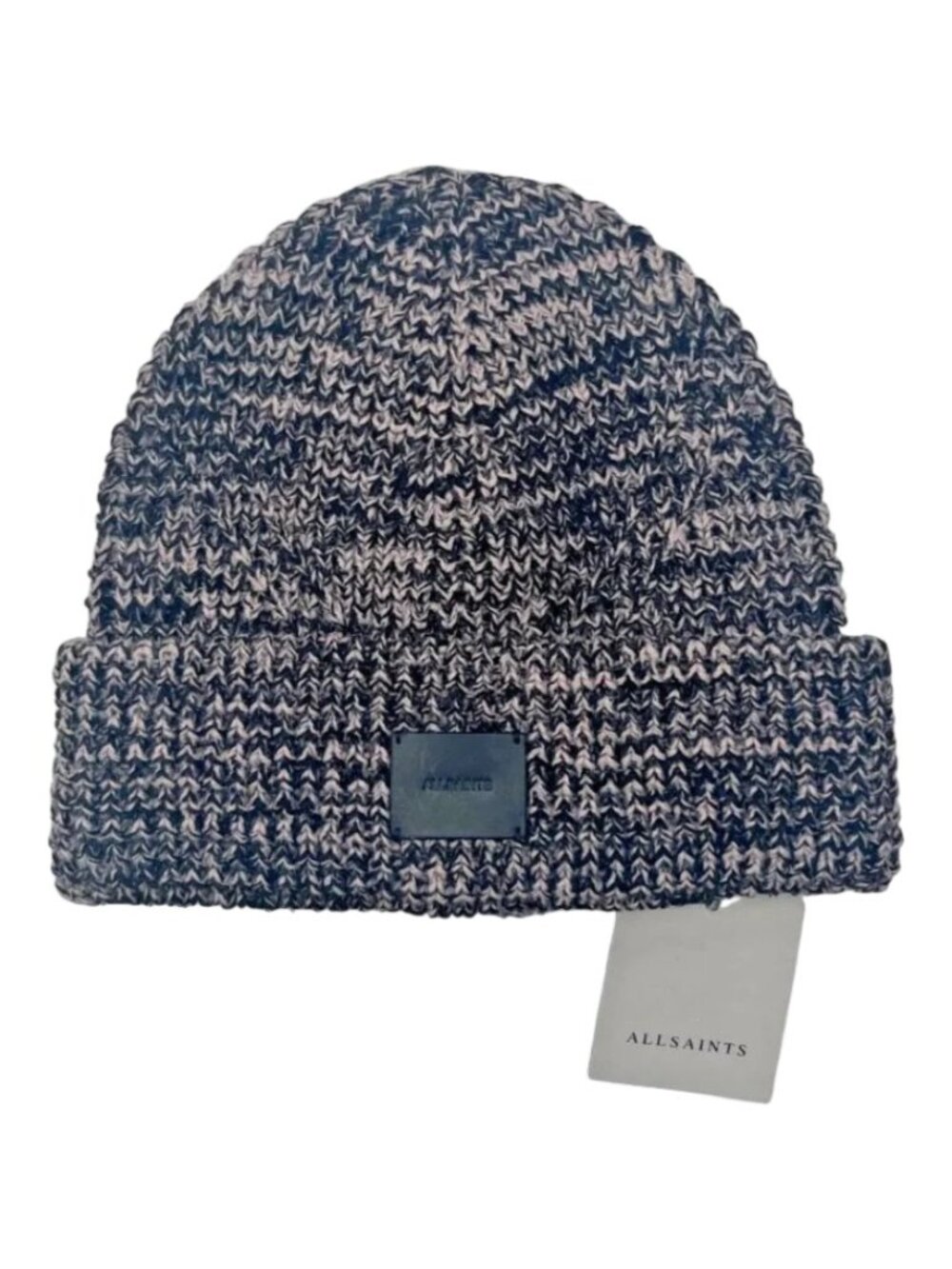AllSaints Unisex Black Blush Wool Blend Angled Stitch Marled Beanie Hat NWT